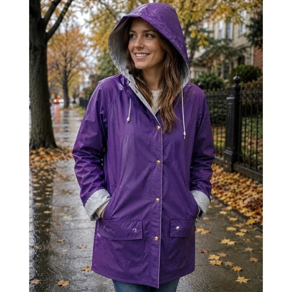 The Slicker Purple Reversible Hooded Raincoat Waterproof Vinyl Womens M Coat EUC - Picture 1 of 13